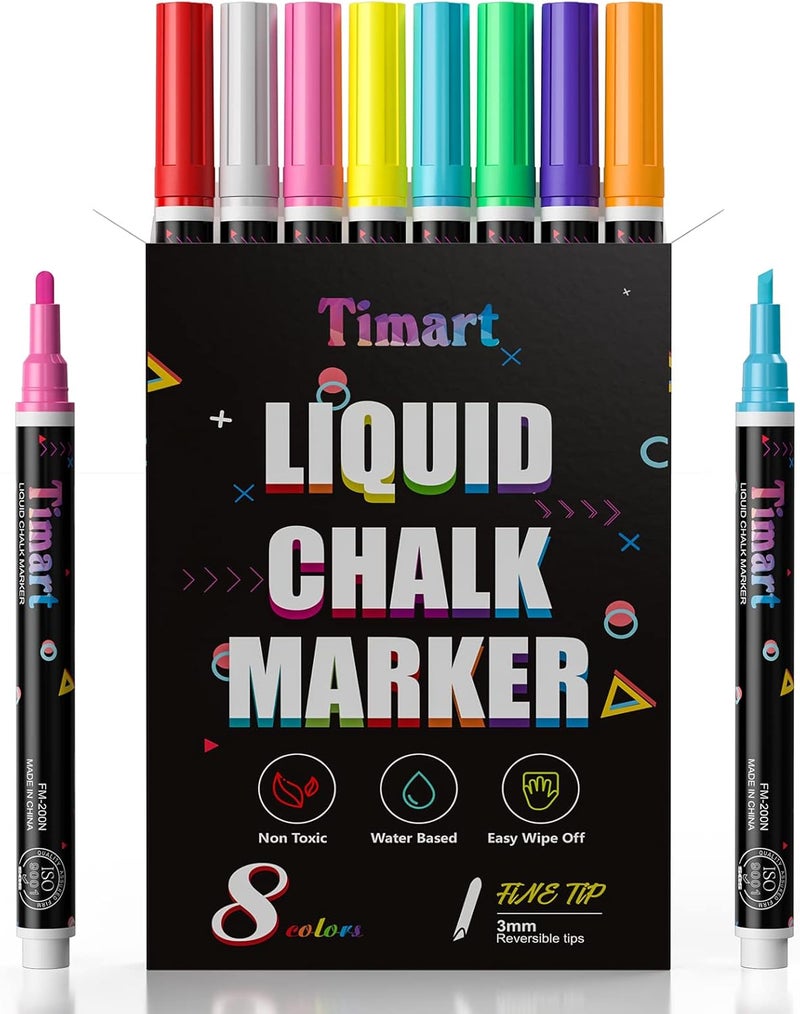 Timart Liquid Chalk Markers, 3mm Fine Tip Chalk Pens, 8 Colors Washable Window Markers for Chalkboard, Dry Erase Marker Pens for Car, Blackboard & Bistro, Non-Toxic,Wet Erase - Reversible Tip - Image 1
